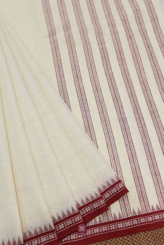 Ecru / Maroon Ponduru Cotton Saree - Vemshala