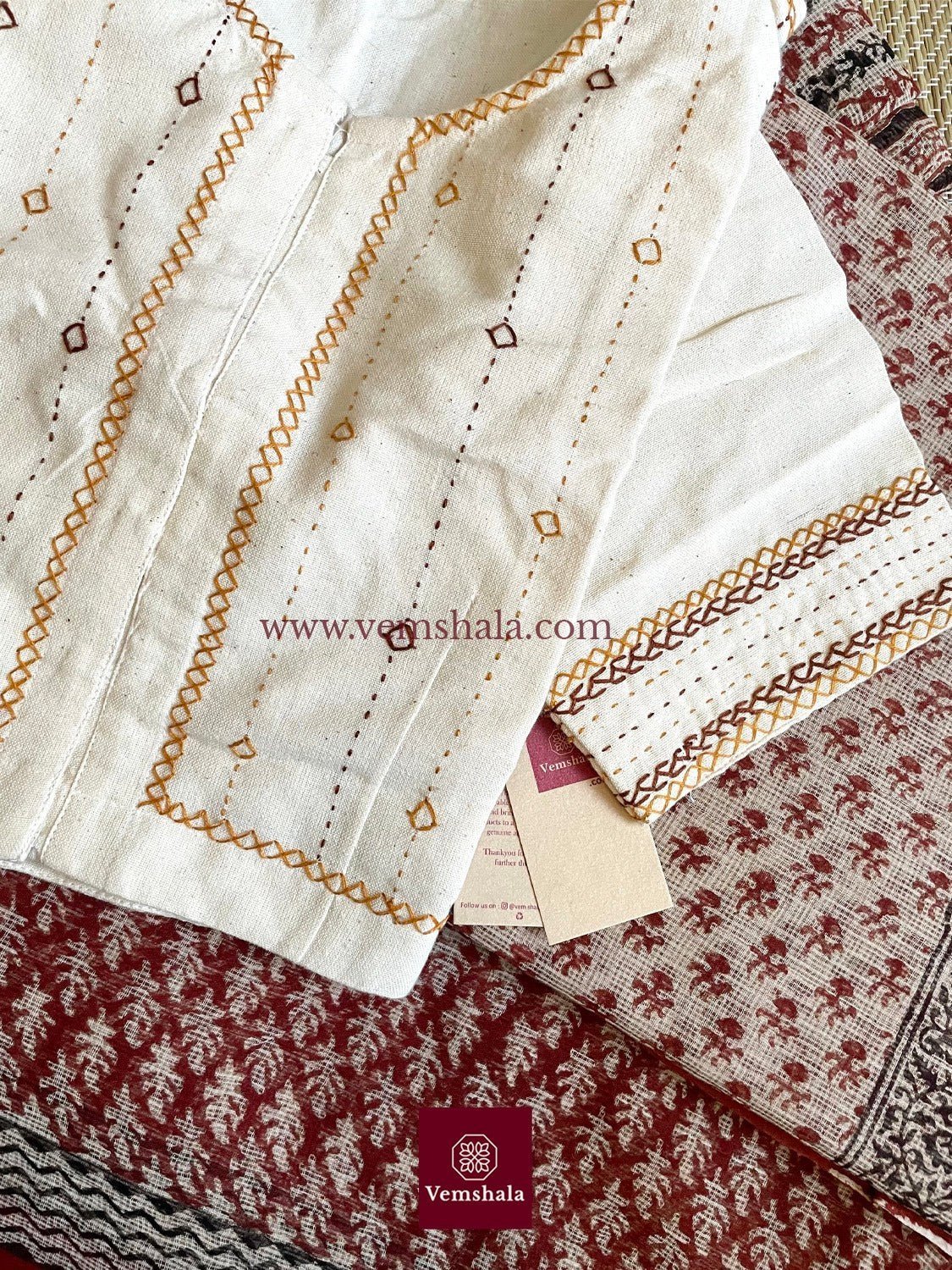 Ecru / Mustard / Brown Hand Embroidered Blouse - Vemshala