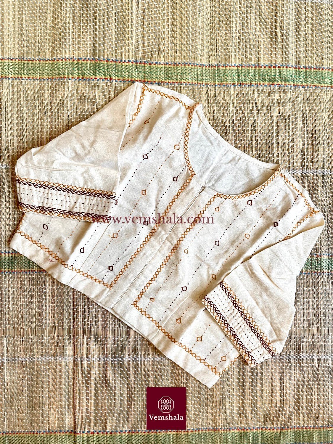 Ecru / Mustard / Brown Hand Embroidered Blouse - Vemshala