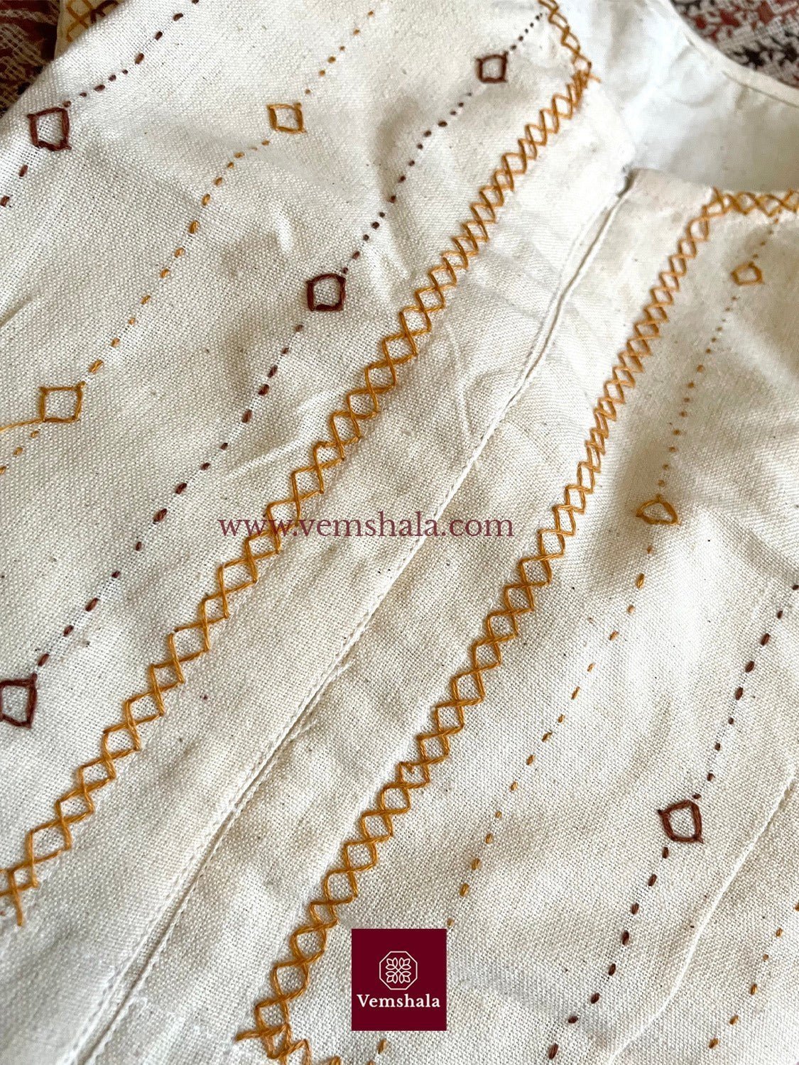 Ecru / Mustard / Brown Hand Embroidered Blouse - Vemshala