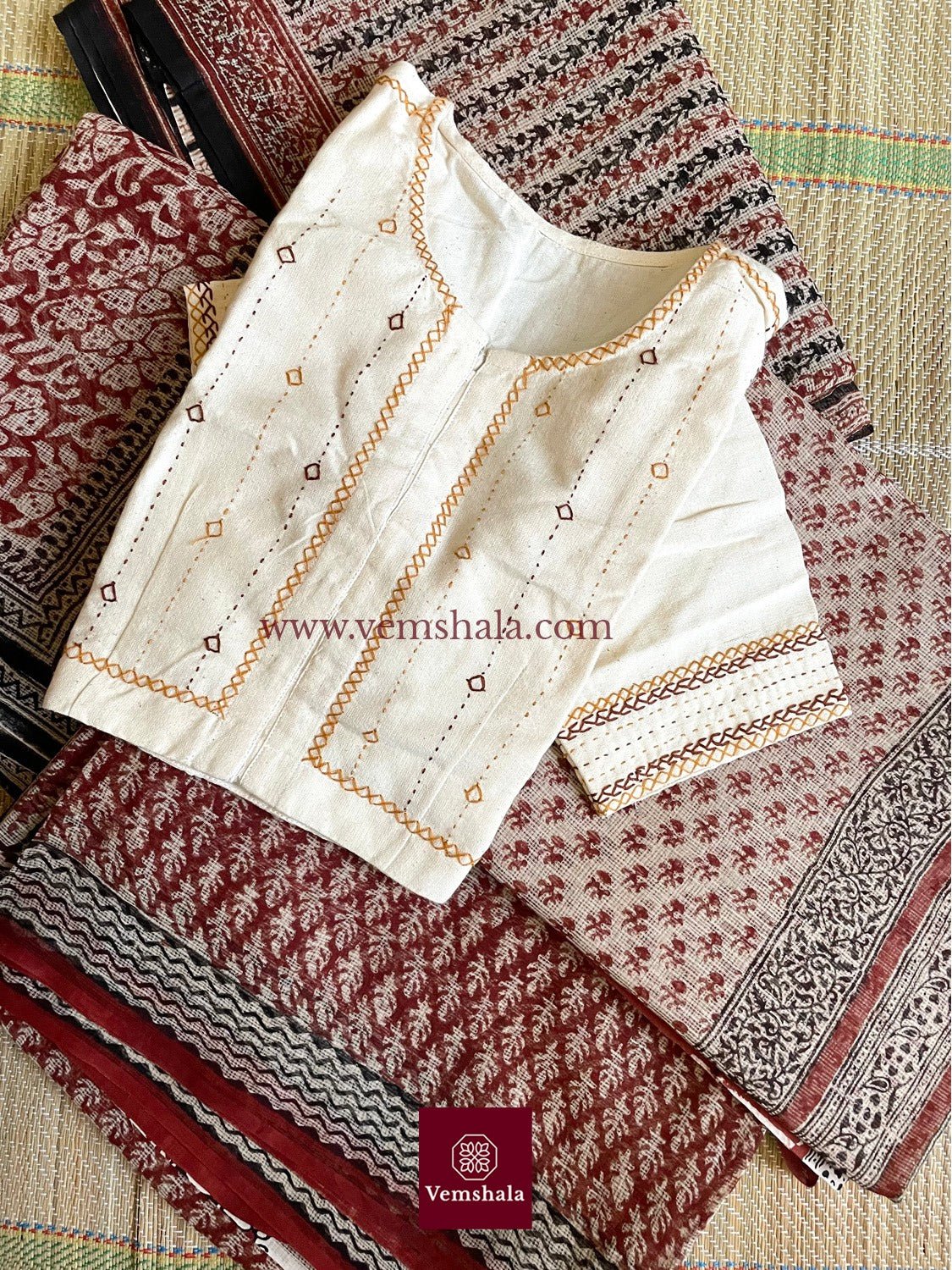 Ecru / Mustard / Brown Hand Embroidered Blouse - Vemshala