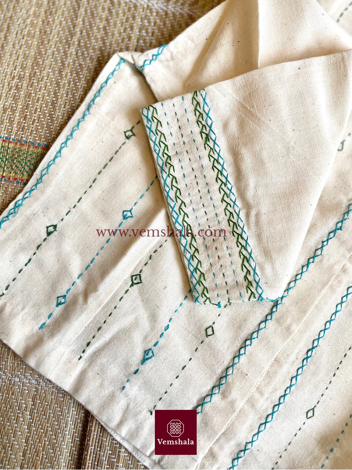 Ecru /Turquoise/ Green Hand Embroidered Blouse - Vemshala