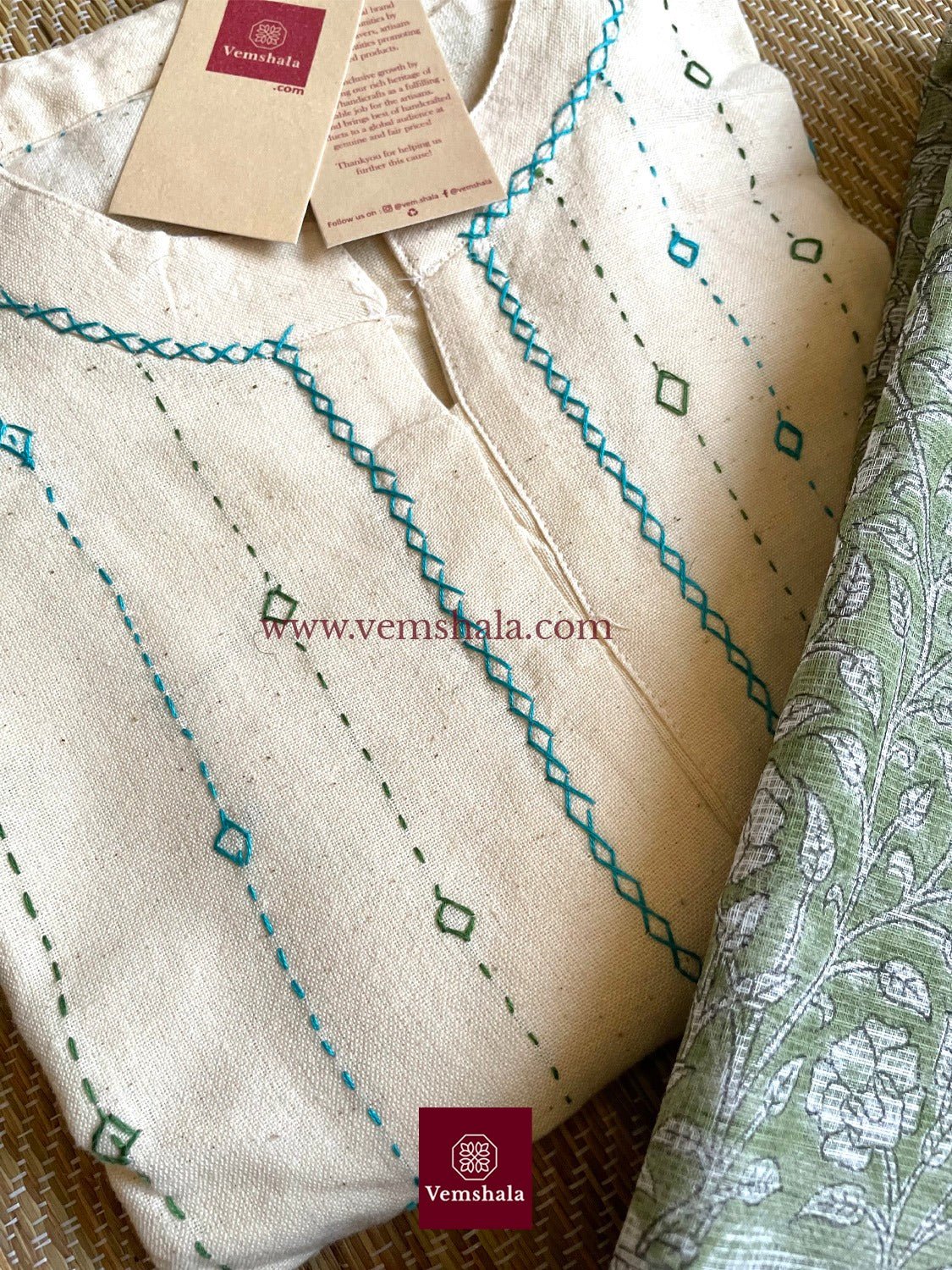 Ecru /Turquoise/ Green Hand Embroidered Blouse - Vemshala