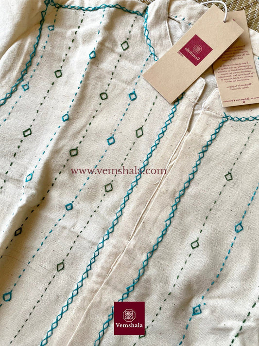 Ecru /Turquoise/ Green Hand Embroidered Blouse - Vemshala