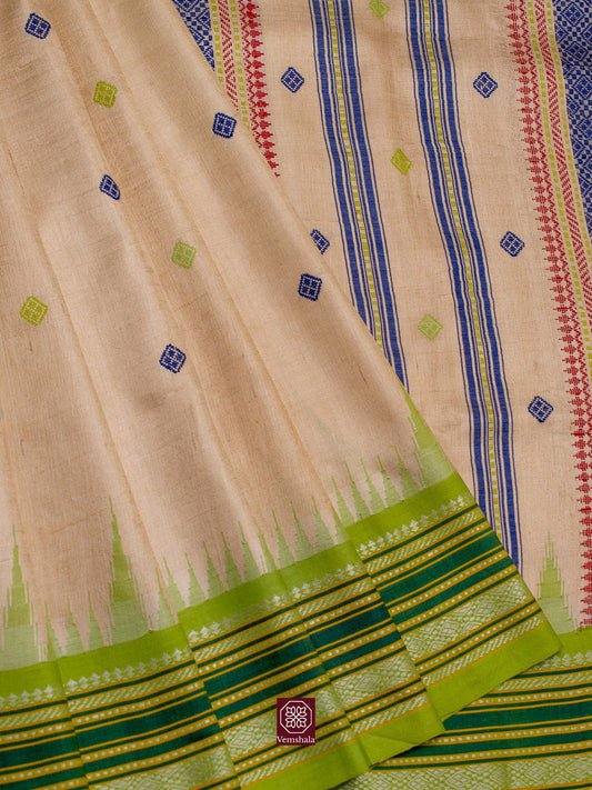 Green / Blue Jala Karvati Kinar Tussar Silk Saree - Vemshala