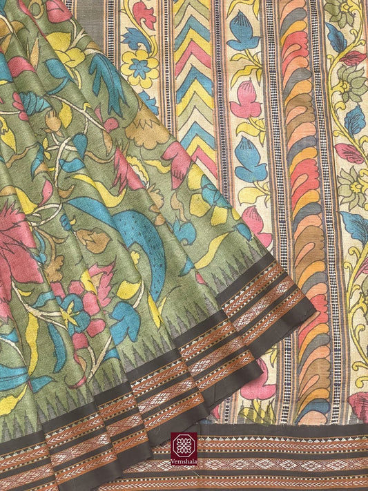 Green / Yellow / Blue Pen Kalamkari Karvati Kinar Tussar Silk Saree - Vemshala