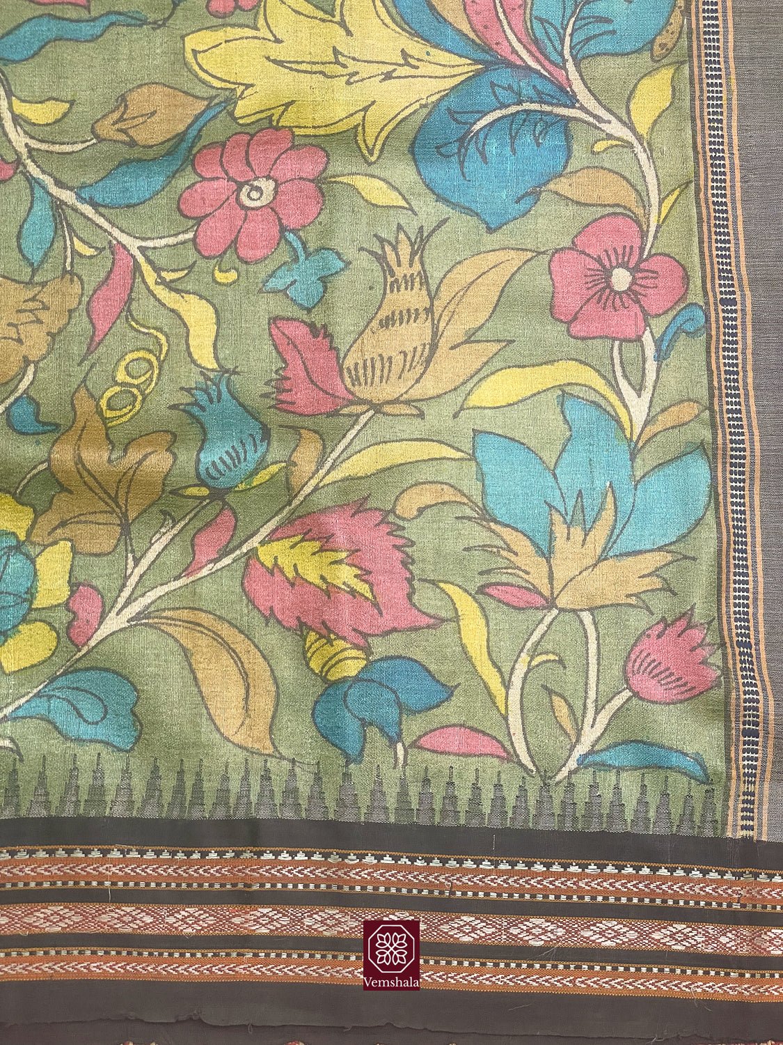 Green / Yellow / Blue Pen Kalamkari Karvati Kinar Tussar Silk Saree - Vemshala