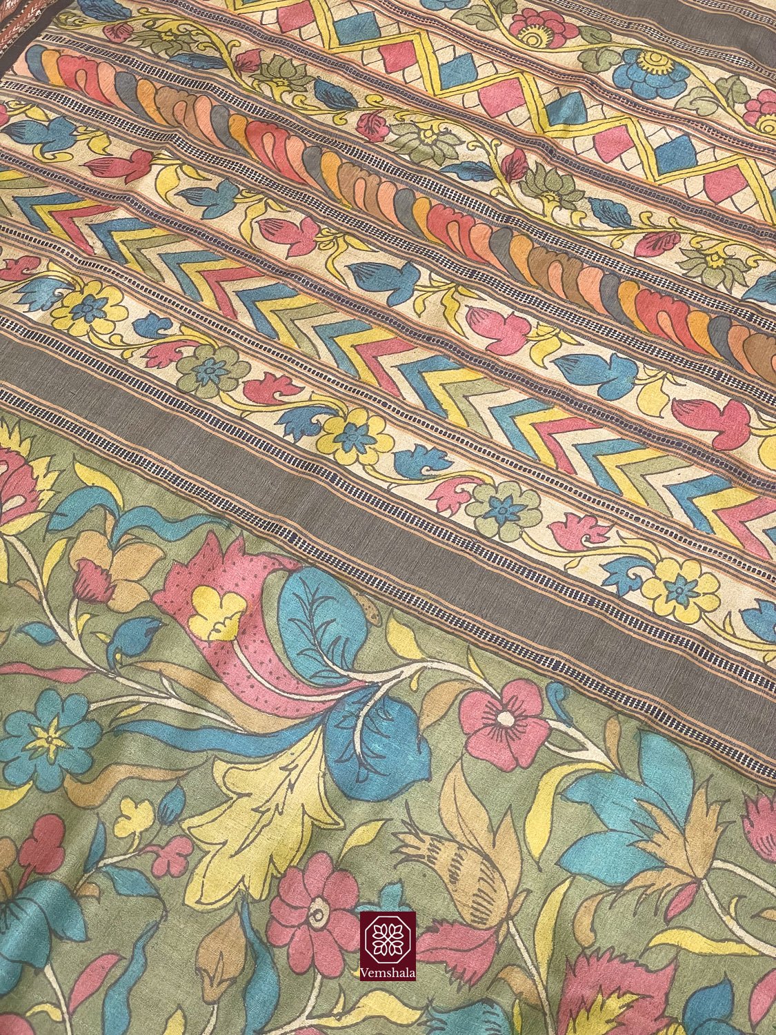 Green / Yellow / Blue Pen Kalamkari Karvati Kinar Tussar Silk Saree - Vemshala