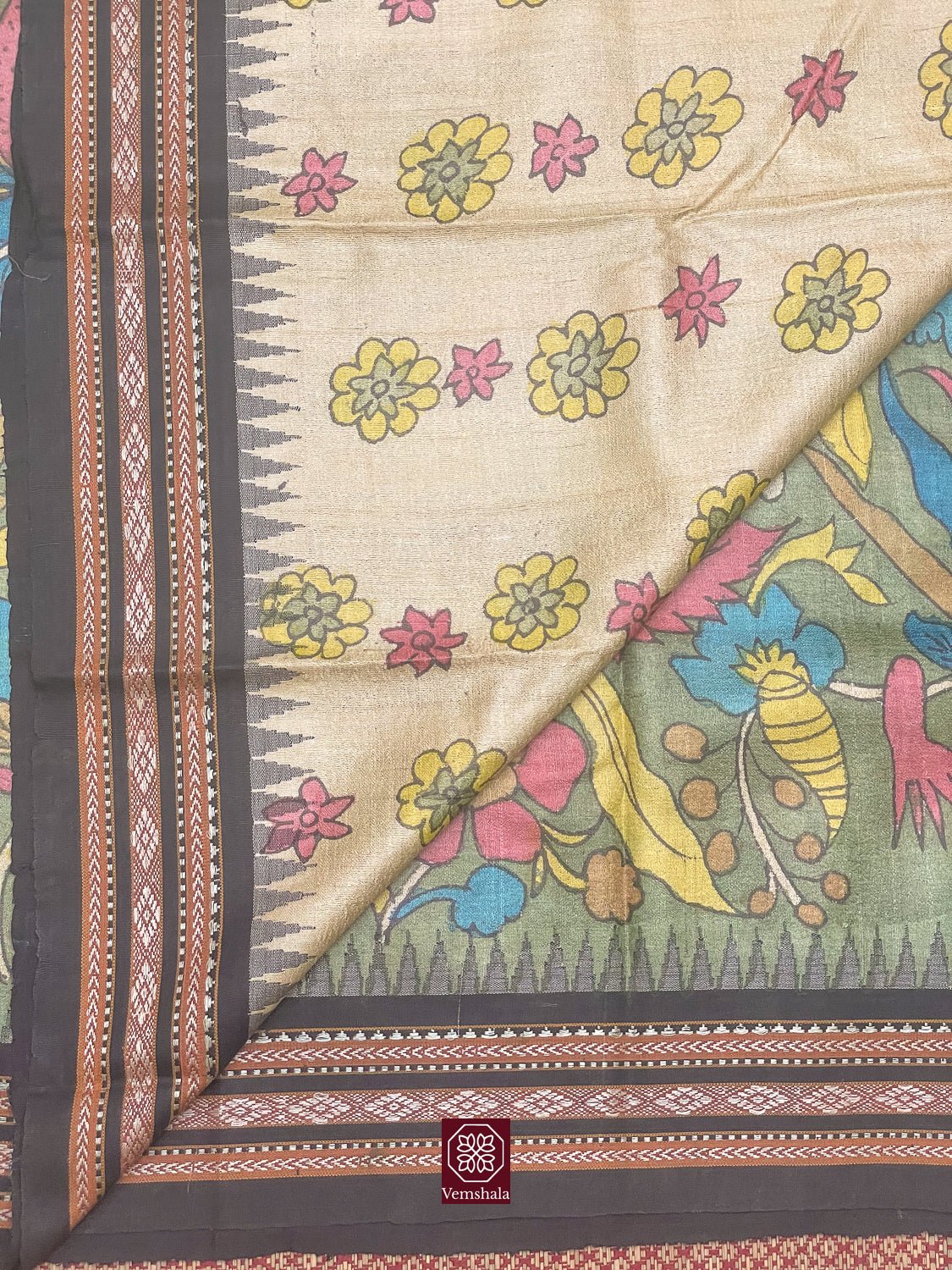 Green / Yellow / Blue Pen Kalamkari Karvati Kinar Tussar Silk Saree - Vemshala