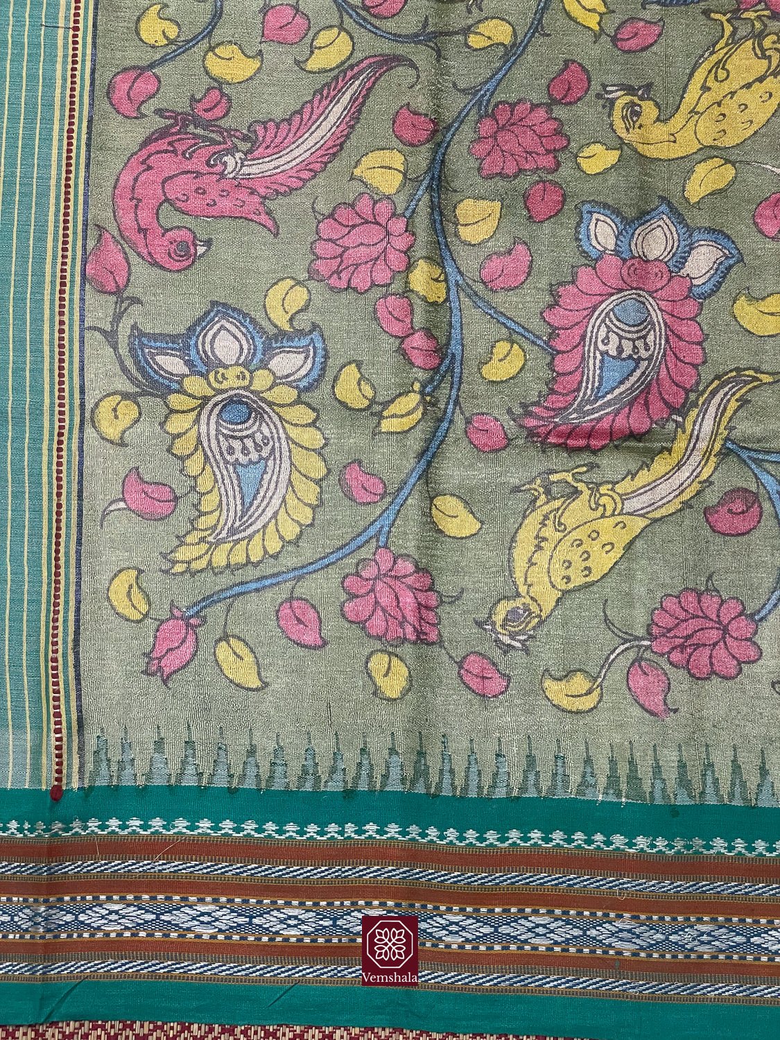 Green / Yellow / Pink Pen Kalamkari Karvati Kinar Tussar Silk Saree - Vemshala