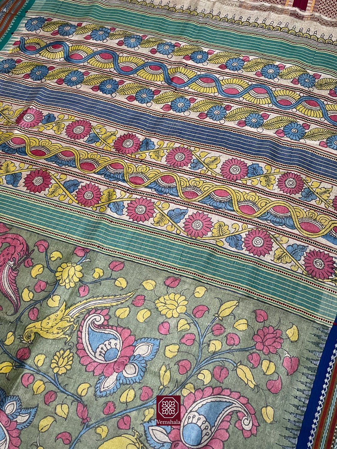 Green / Yellow / Pink Pen Kalamkari Karvati Kinar Tussar Silk Saree - Vemshala