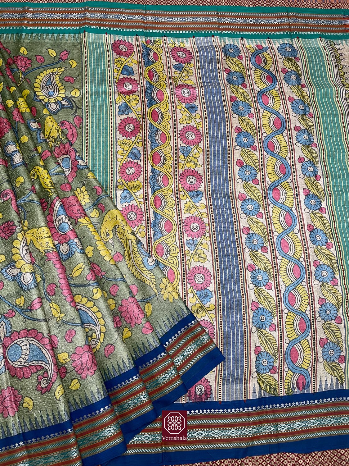 Green / Yellow / Pink Pen Kalamkari Karvati Kinar Tussar Silk Saree - Vemshala