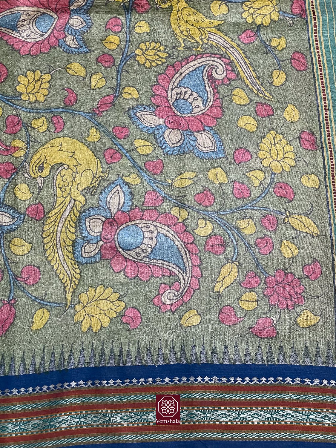 Green / Yellow / Pink Pen Kalamkari Karvati Kinar Tussar Silk Saree - Vemshala