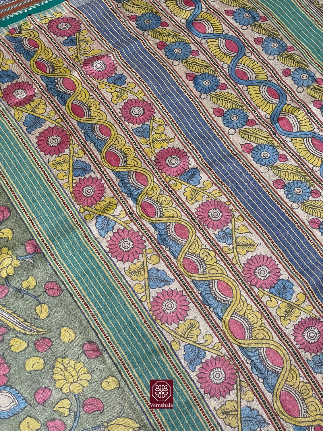 Green / Yellow / Pink Pen Kalamkari Karvati Kinar Tussar Silk Saree - Vemshala