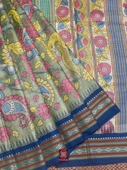 Green / Yellow / Pink Pen Kalamkari Karvati Kinar Tussar Silk Saree - Vemshala