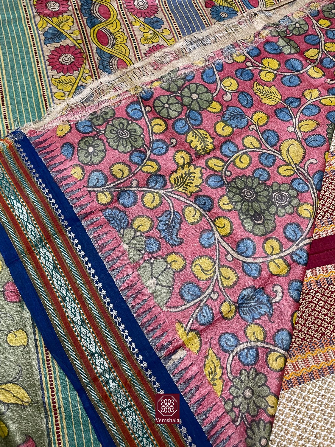 Green / Yellow / Pink Pen Kalamkari Karvati Kinar Tussar Silk Saree - Vemshala