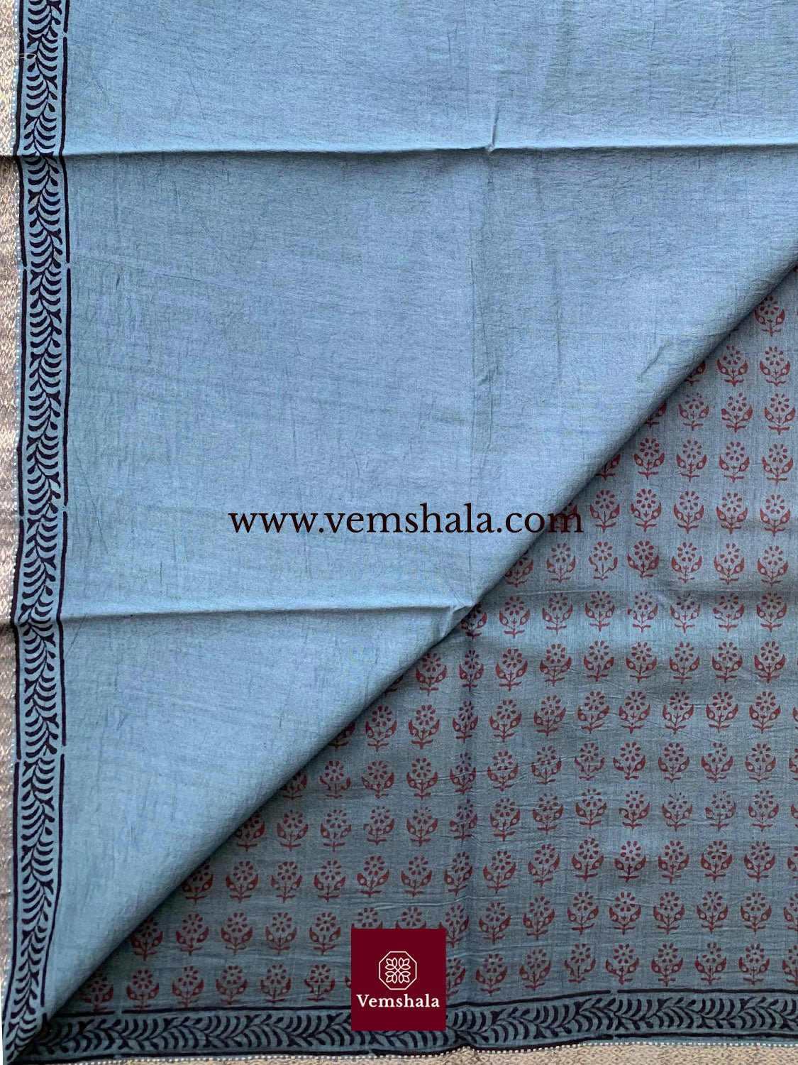 Grey/ Black / Red Hand Block Printed Maheshwari Saree : Gauravi - Vemshala