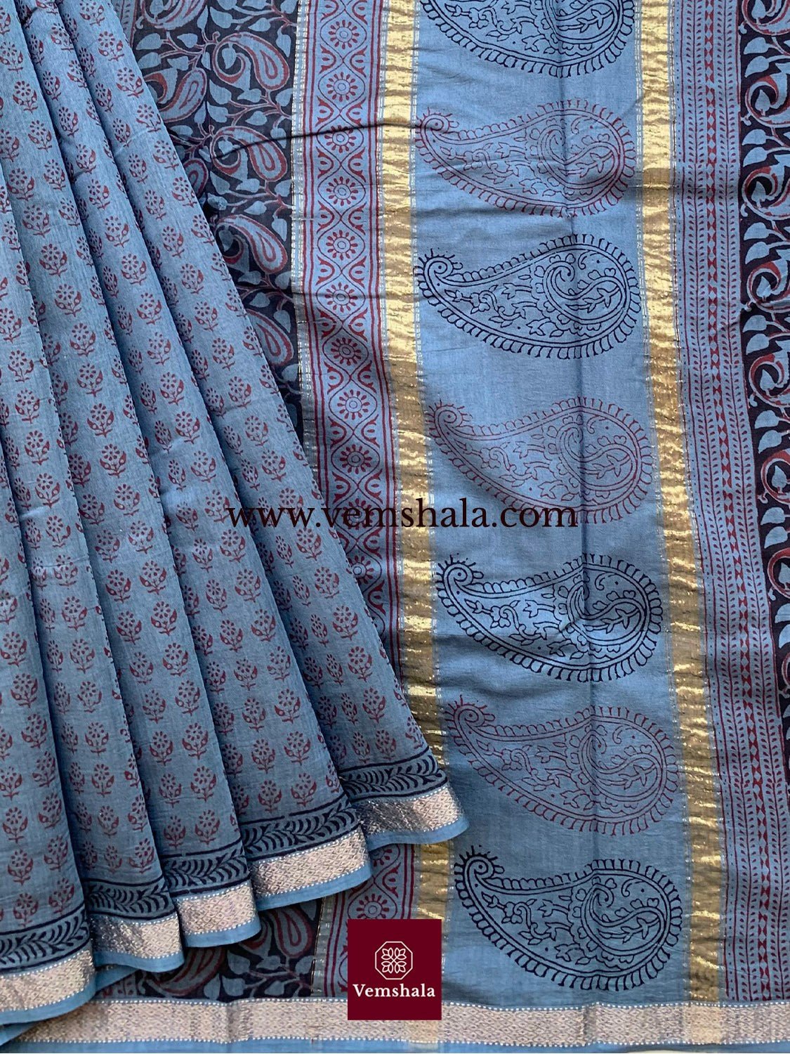 Grey/ Black / Red Hand Block Printed Maheshwari Saree : Gauravi - Vemshala