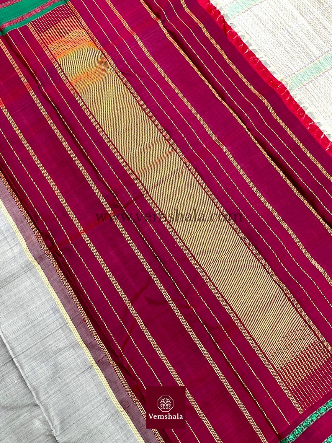 Grey / Maroon / Green/ Gold Kanchipuram Silk Saree : Meha - Vemshala