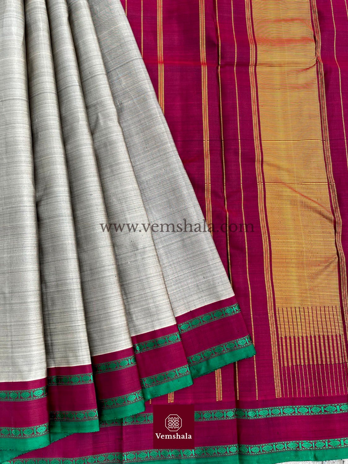 Grey / Maroon / Green/ Gold Kanchipuram Silk Saree : Meha - Vemshala