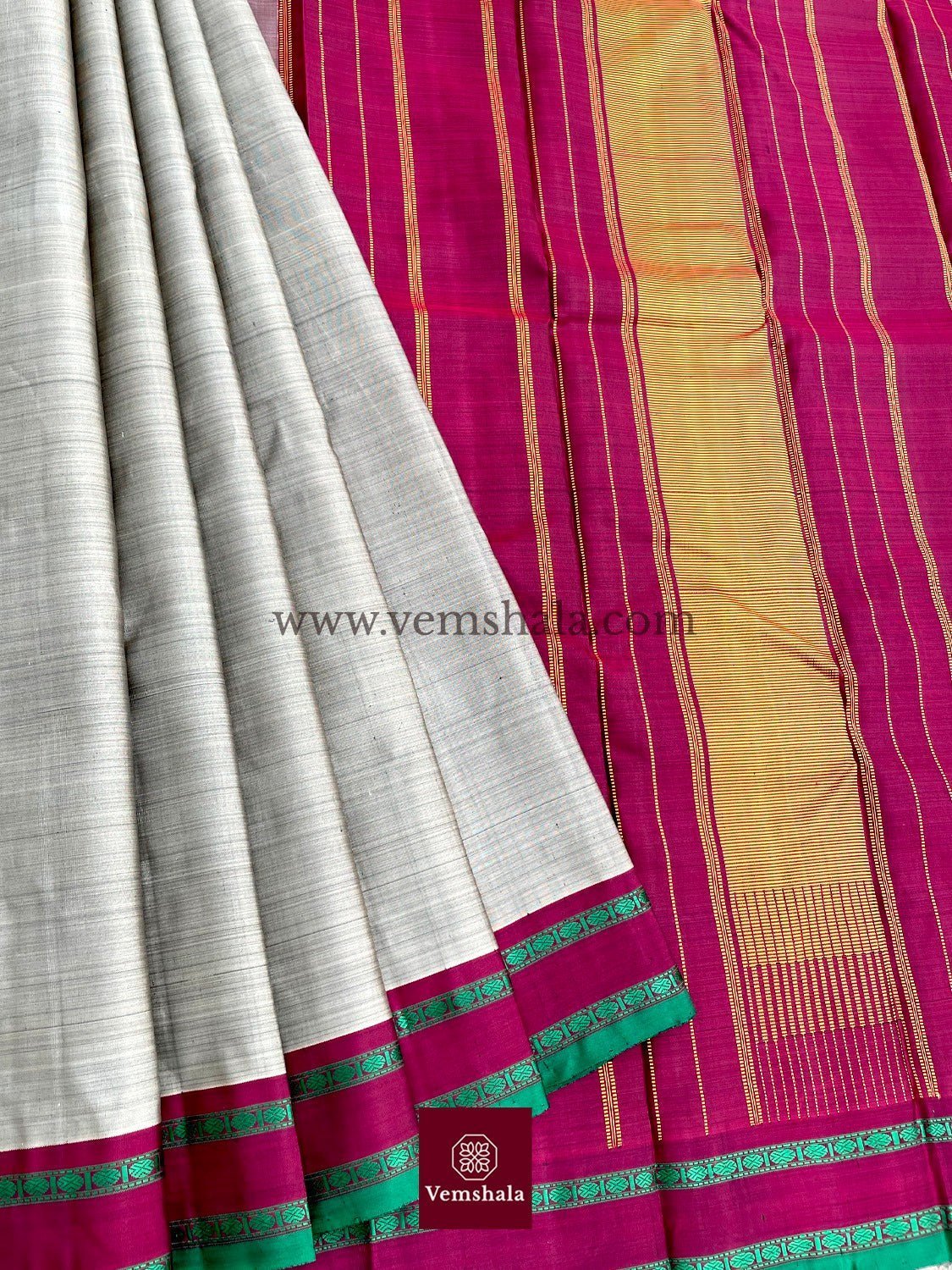 Grey / Maroon / Green/ Gold Kanchipuram Silk Saree : Meha - Vemshala