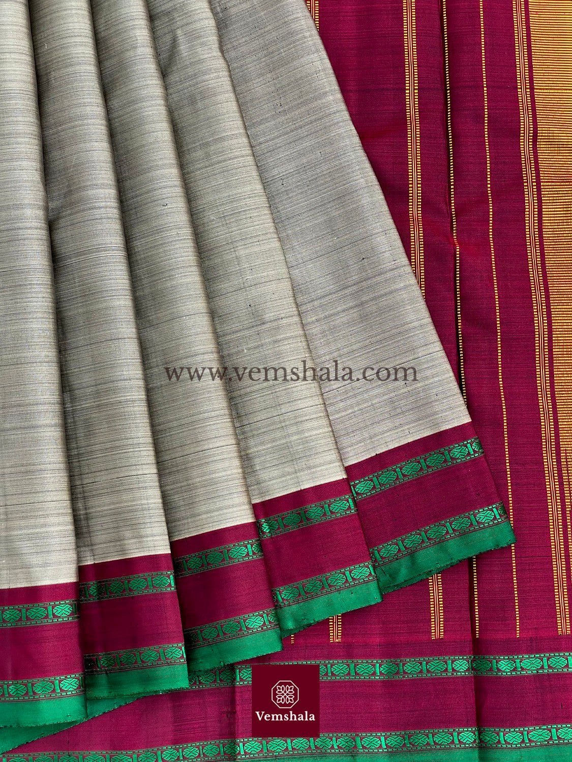 Grey / Maroon / Green/ Gold Kanchipuram Silk Saree : Meha - Vemshala