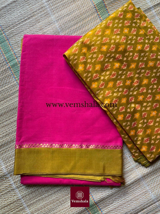 Hot Pink / Light Green Ponduru Cotton Saree : Pankhuri - Vemshala