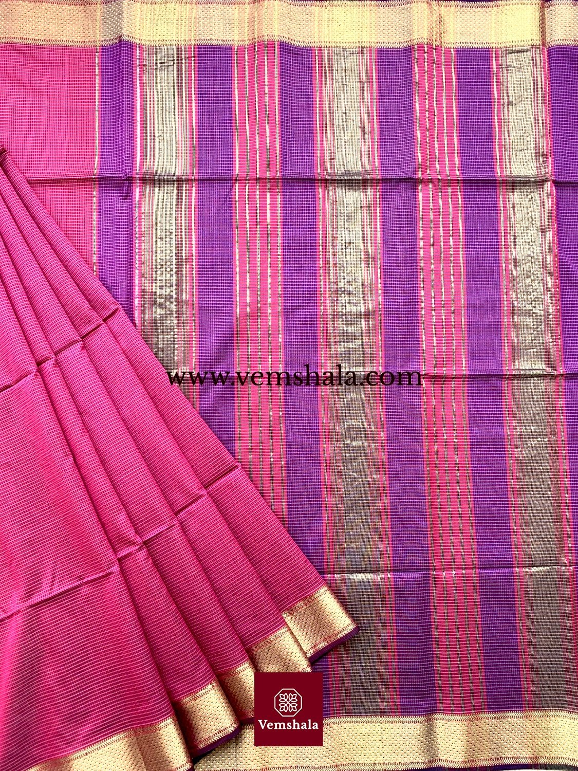 Hot Pink/ Purple/ Gold Maheshwari Saree : Tamanna - Vemshala