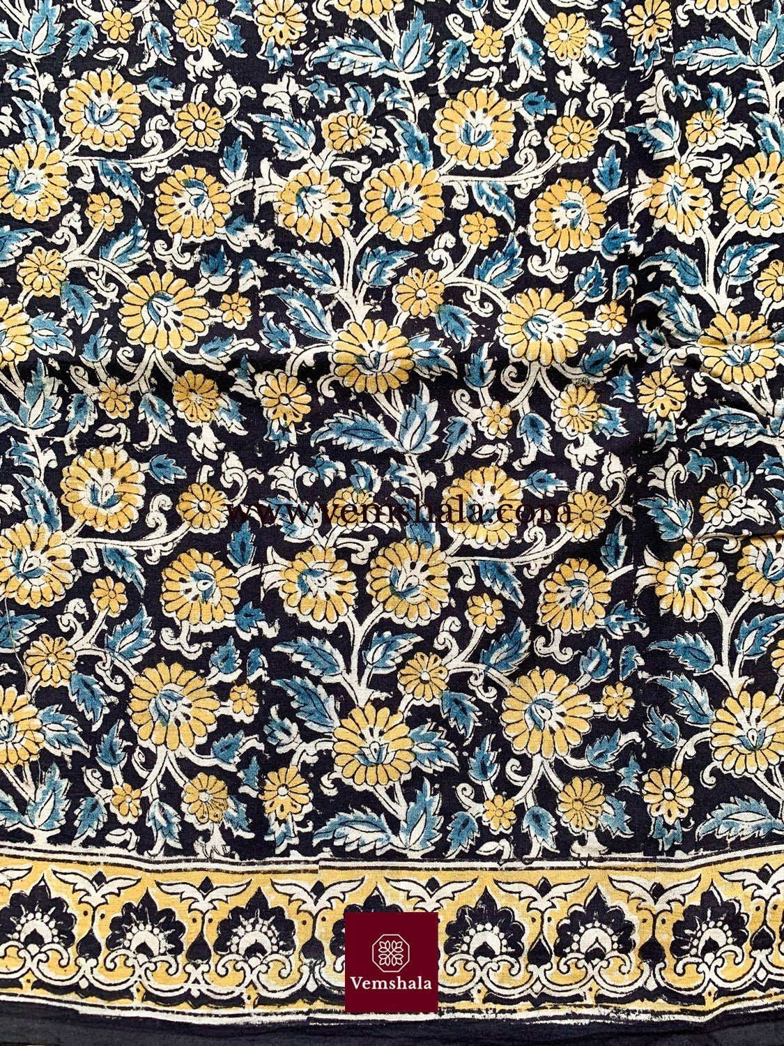 Indigo / Multi Pedana Kalamkari Hand Block print Cotton Saree - Vemshala