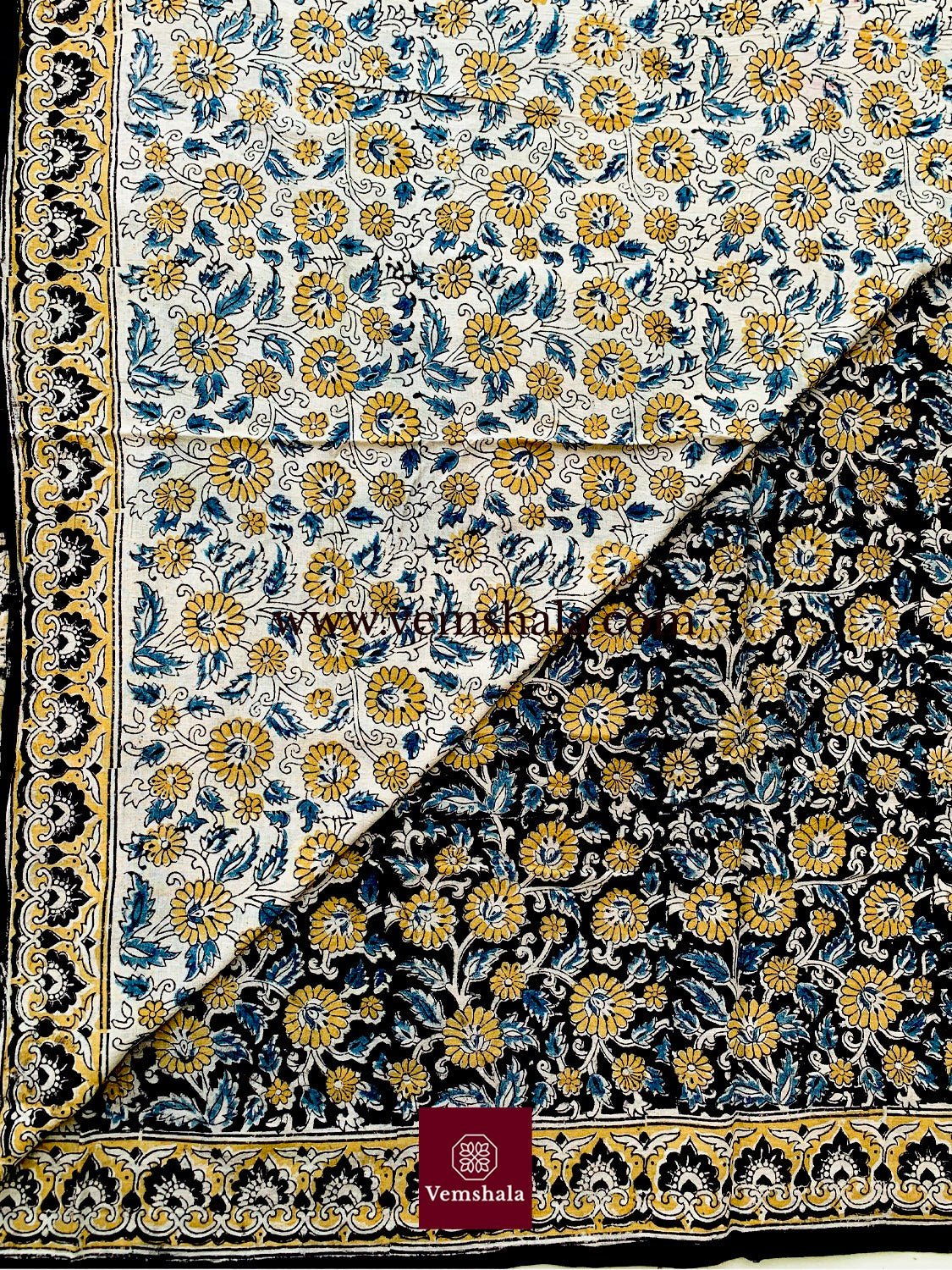 Indigo / Multi Pedana Kalamkari Hand Block print Cotton Saree - Vemshala