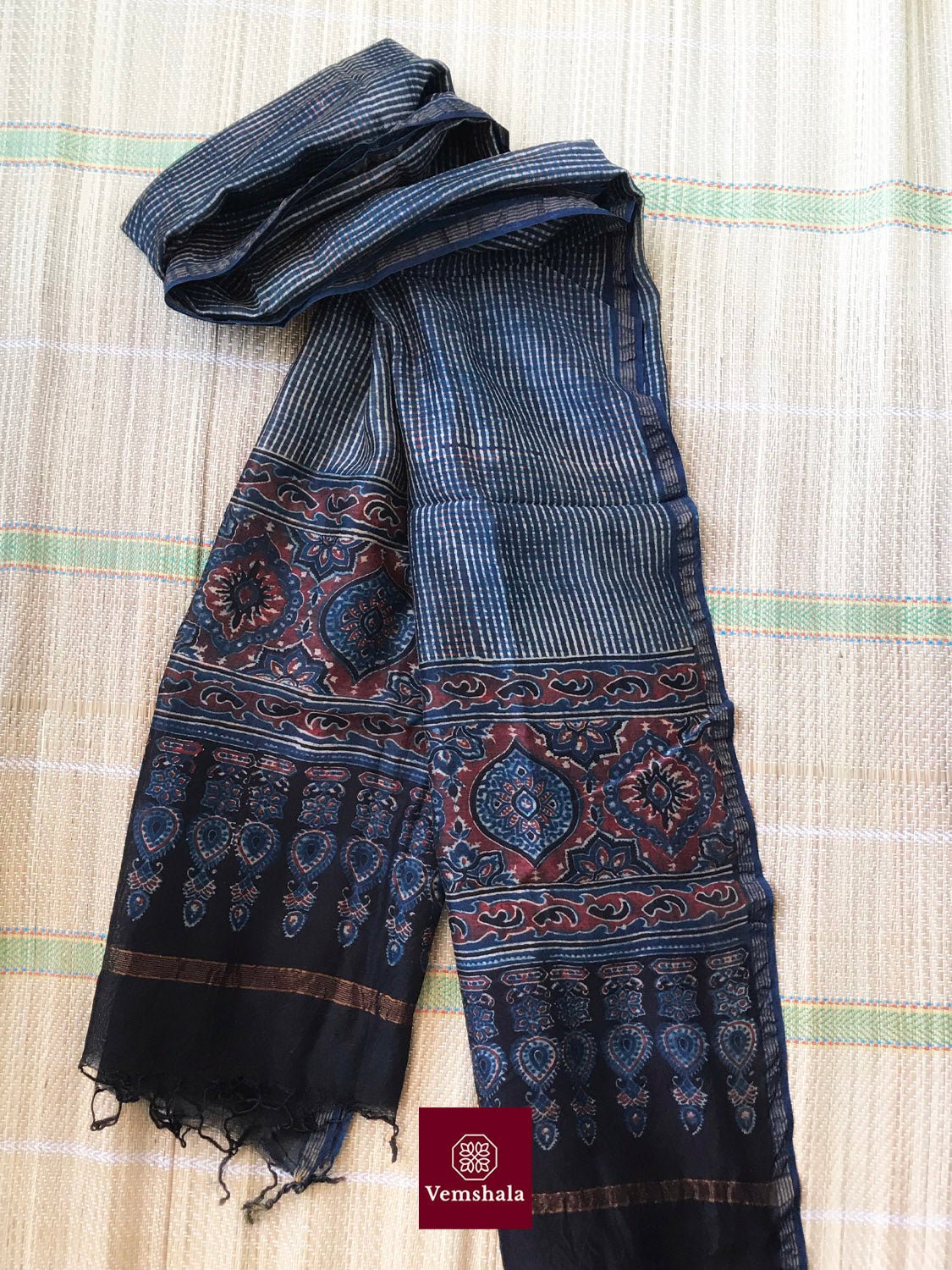 Indigo/ Red/ Ecru Chanderi Silk Ajrakh Dupatta - Vemshala