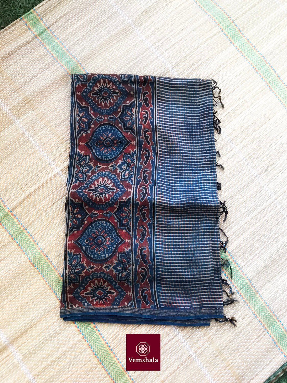 Indigo/ Red/ Ecru Chanderi Silk Ajrakh Dupatta - Vemshala