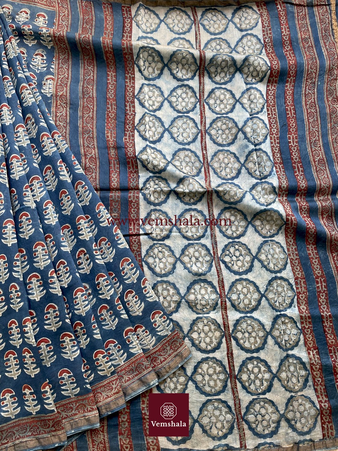 Indigo/ Red/ Ecru Hand block print Silk Cotton Saree: Roonaya - Vemshala