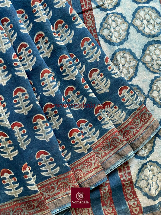 Indigo/ Red/ Ecru Hand block print Silk Cotton Saree: Roonaya - Vemshala