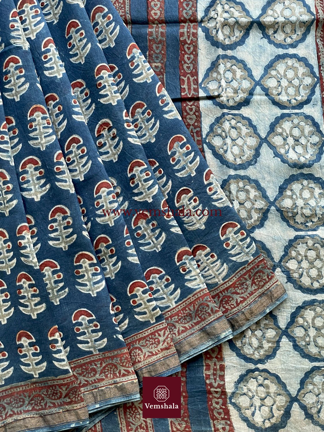 Indigo/ Red/ Ecru Hand block print Silk Cotton Saree: Roonaya - Vemshala