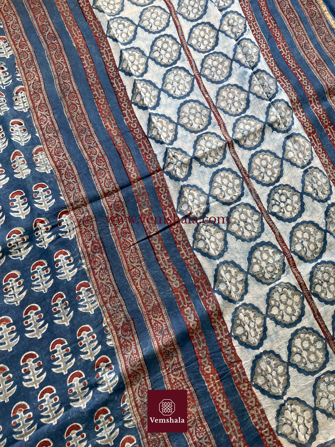 Indigo/ Red/ Ecru Hand block print Silk Cotton Saree: Roonaya - Vemshala