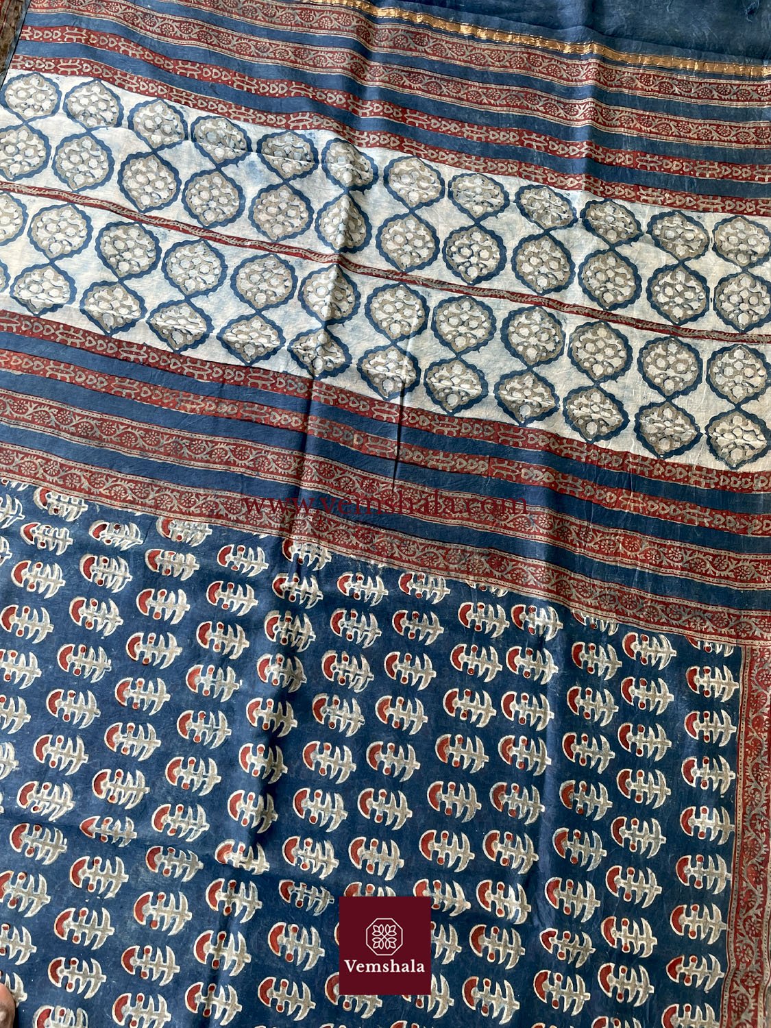 Indigo/ Red/ Ecru Hand block print Silk Cotton Saree: Roonaya - Vemshala