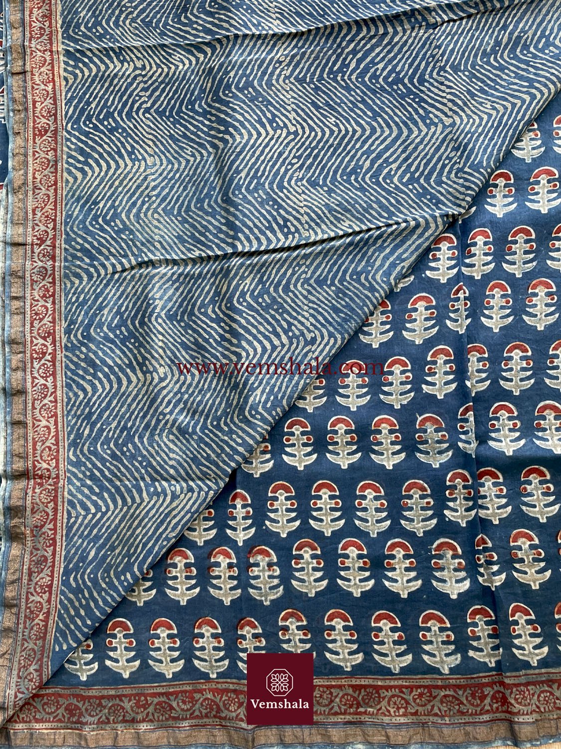 Indigo/ Red/ Ecru Hand block print Silk Cotton Saree: Roonaya - Vemshala