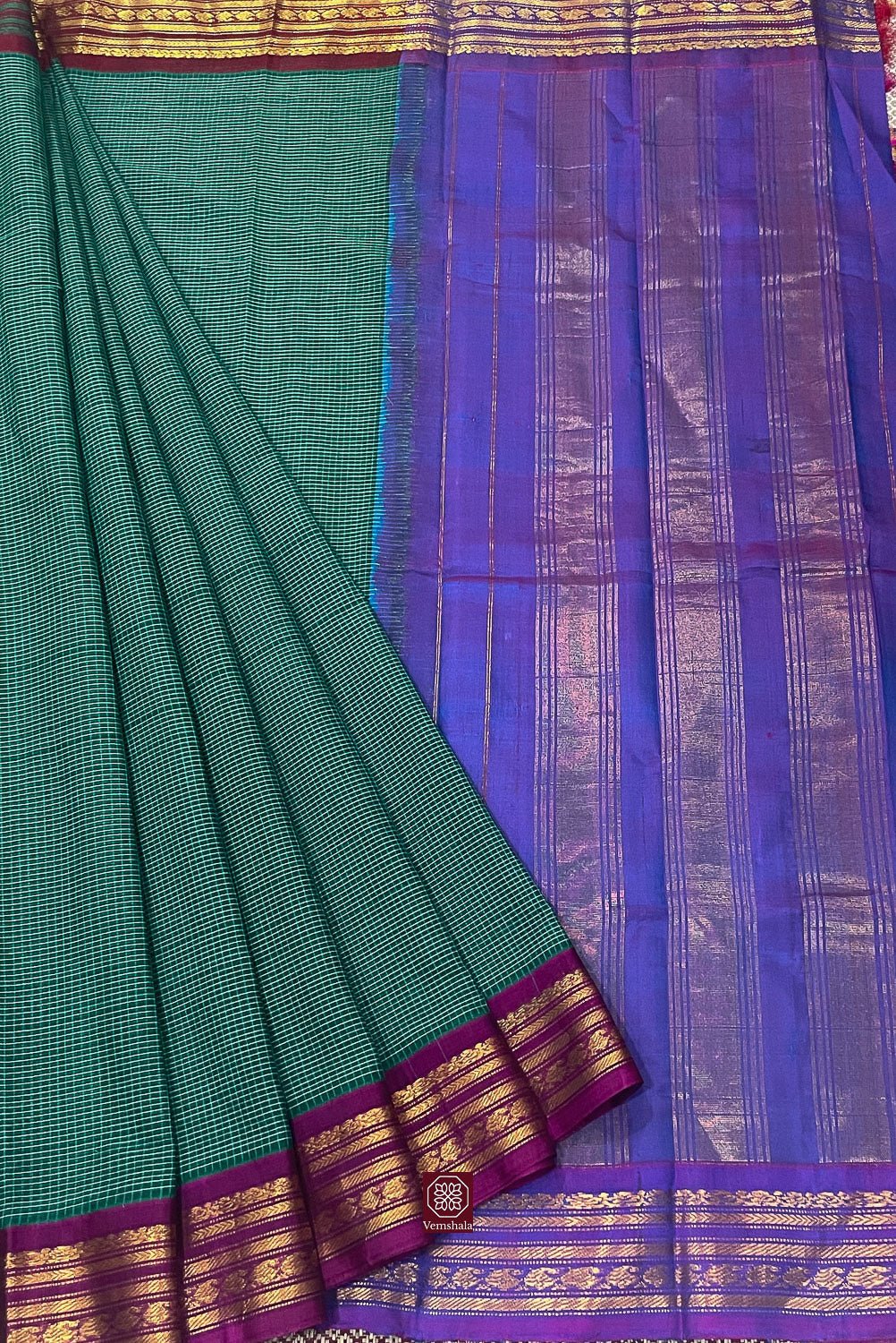 Jade Green Gadwal Cotton Saree - Vemshala