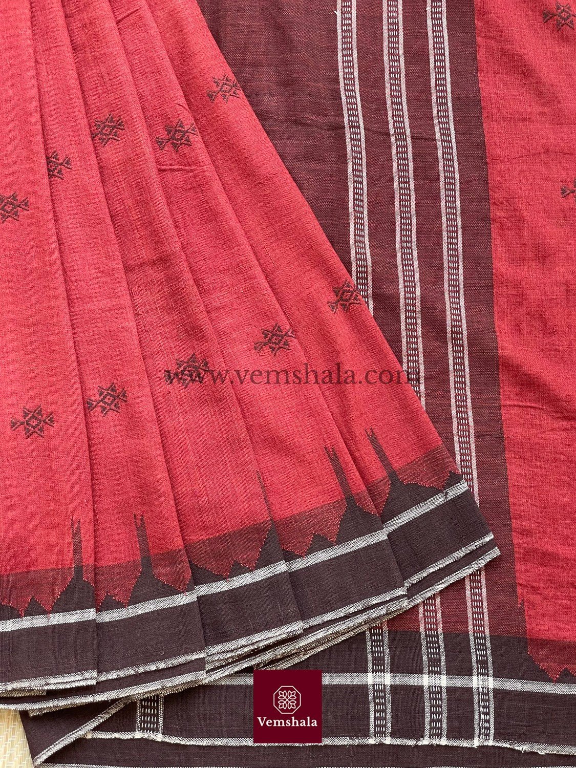 Madder Red/ Ecru/ Brown - Black Kotpad Saree : PS 10 - Vemshala