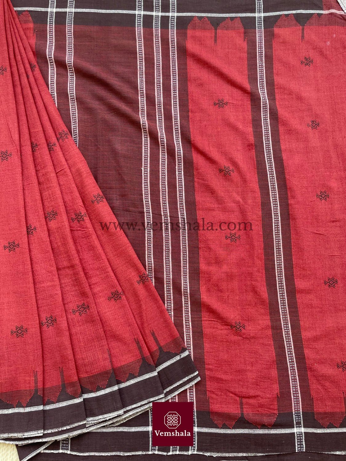 Madder Red/ Ecru/ Brown - Black Kotpad Saree : PS 10 - Vemshala