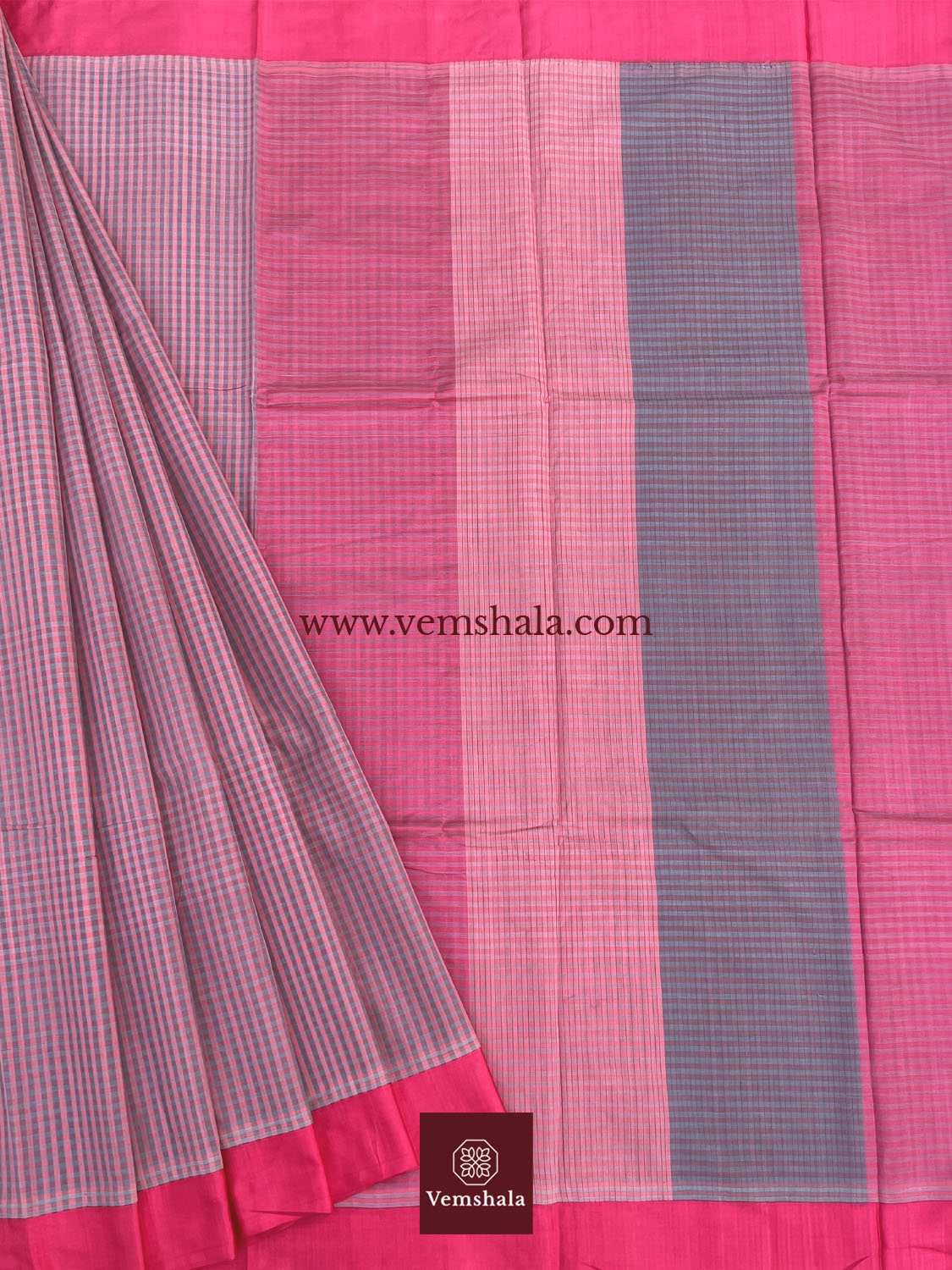 Pink / Grey / Neon Pink Ponduru Cotton Saree : Pakhee - Vemshala