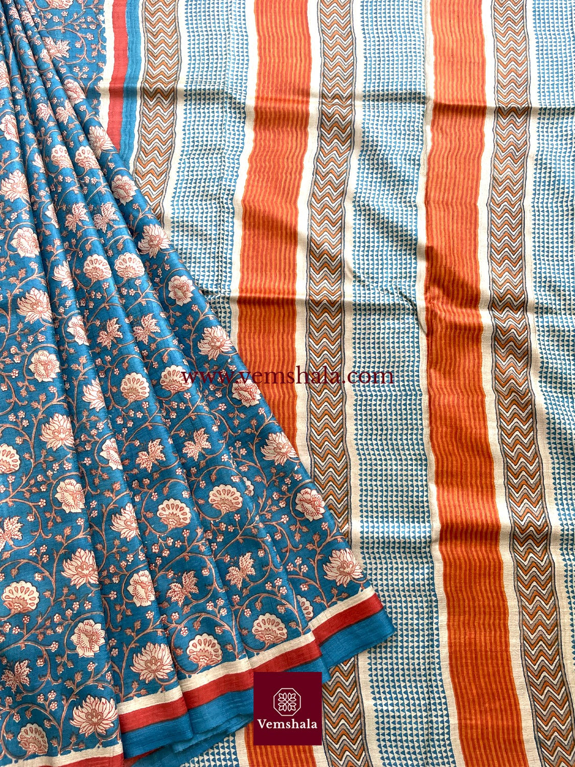 Turquoise Blue / Multi Hand Block Print Tussar Silk Saree: Panna - Vemshala