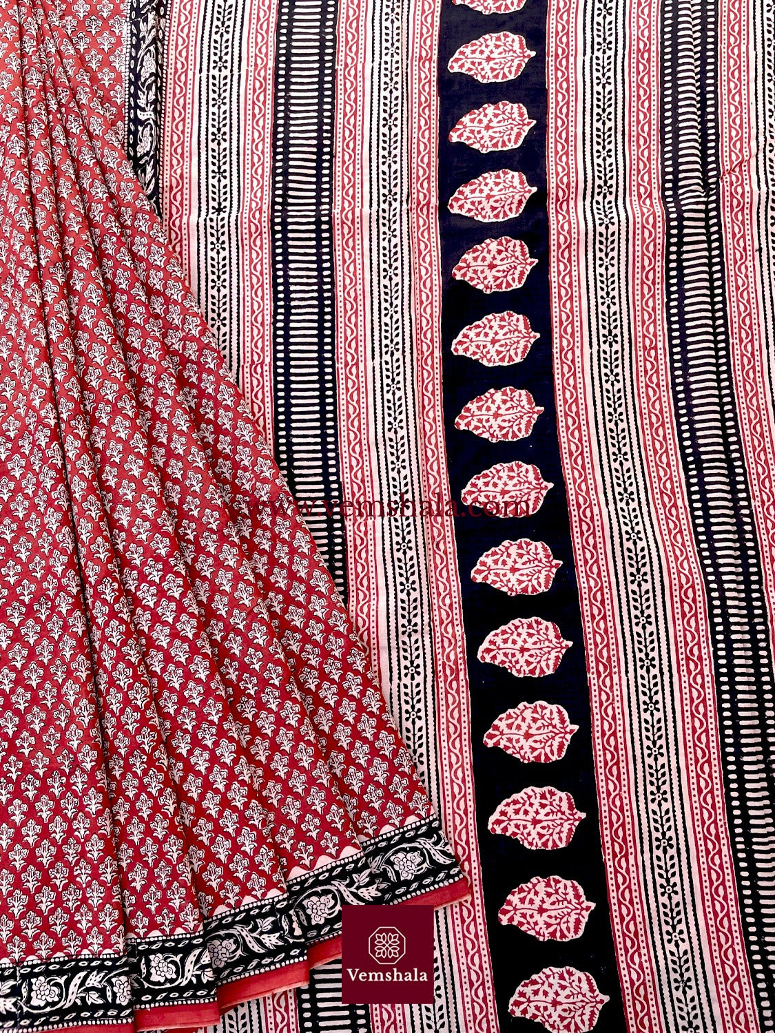 Red/ Ecru/ Black Bagru Handblock Print Cotton Saree : Kritisha - Vemshala