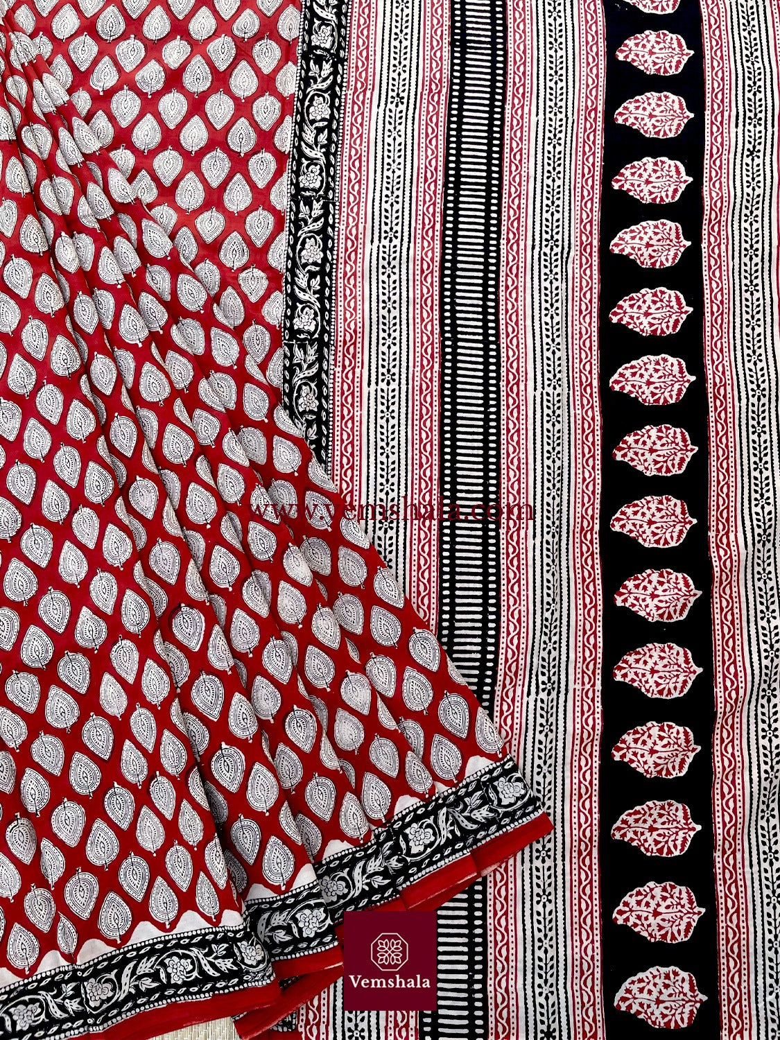 Red/ Ecru/ Black Bagru Handblock Print Cotton Saree : Trishaya - Vemshala