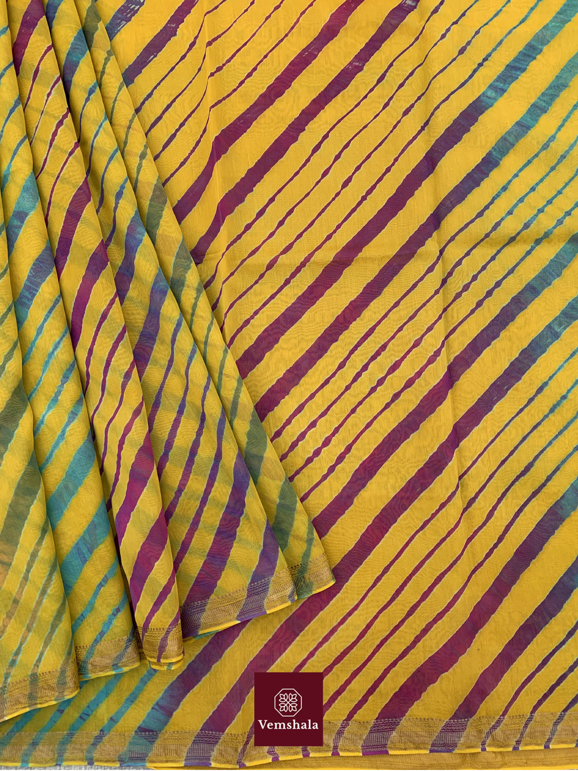 Yellow rainbow Leheriya Chanderi Saree : Tesu - Vemshala