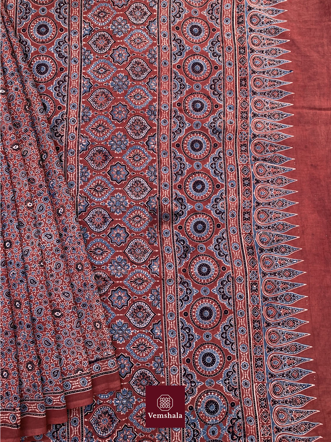 Red/ Indigo Ecru Ajrakh Cotton Saree : Rati - Vemshala