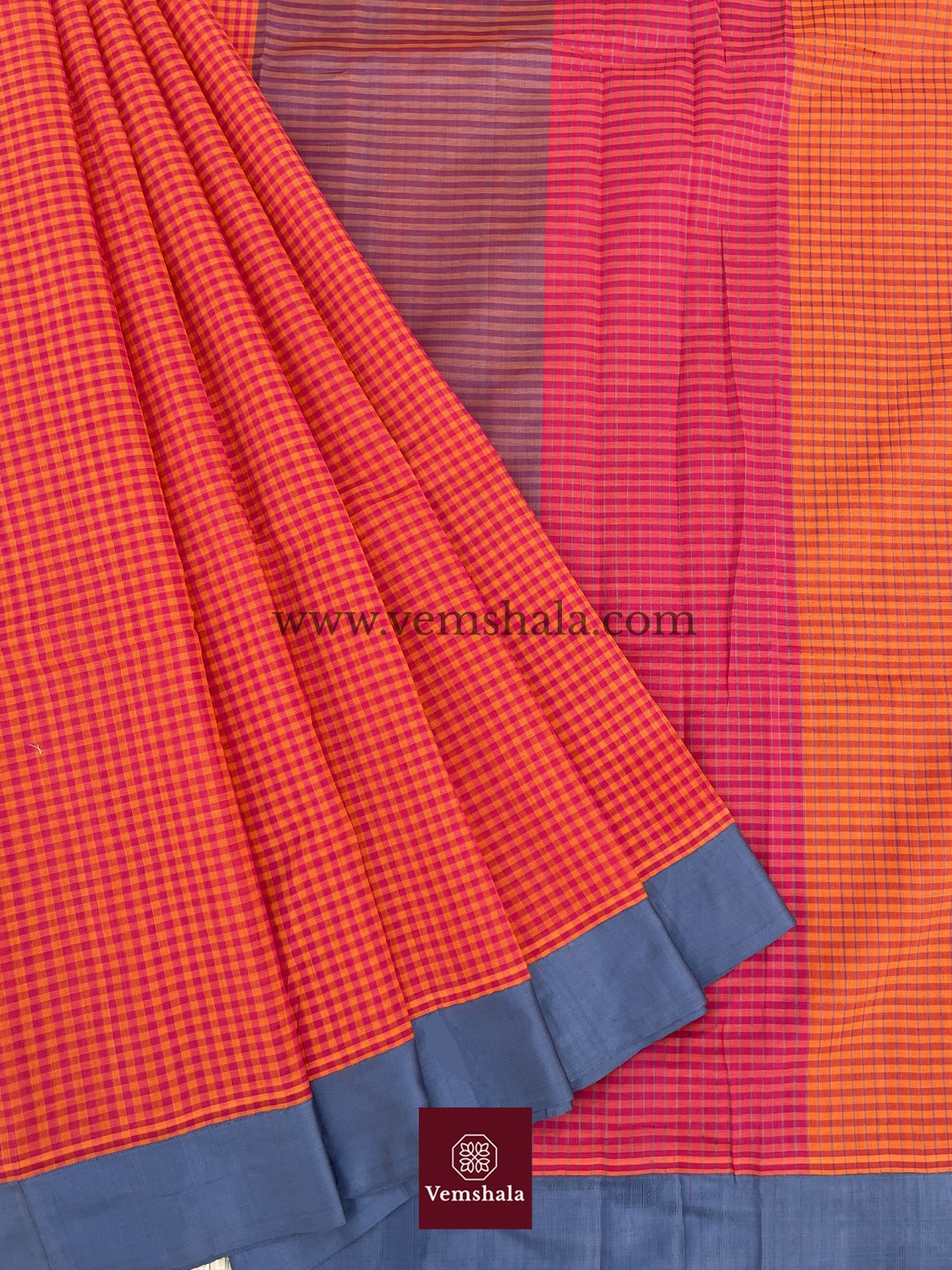 Orange / Pink / Grey Ponduru Cotton Saree :Kunji - Vemshala