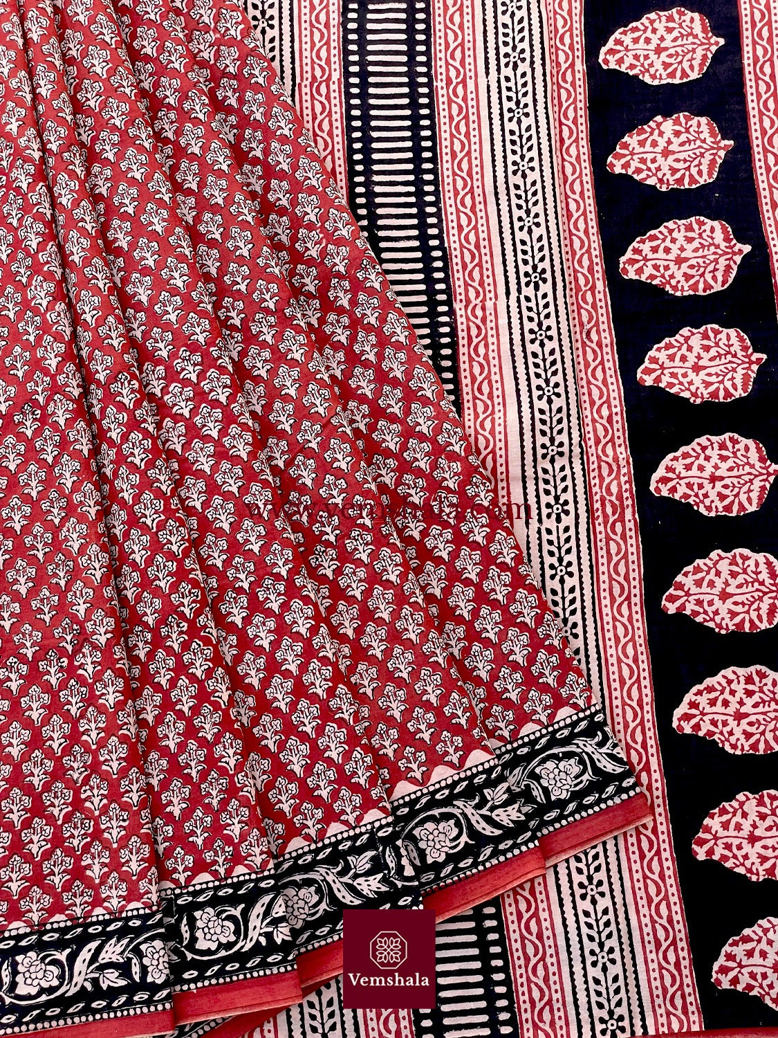 Red/ Ecru/ Black Bagru Handblock Print Cotton Saree : Kritisha - Vemshala