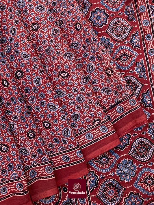 Red/ Indigo Ecru Ajrakh Cotton Saree : Rati - Vemshala